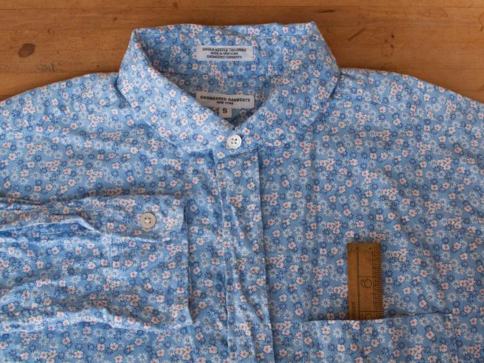 Engineered Garments - Round Collar Shirt - Blue Floral Print - 6&quot; Advertising Rule for Samuel Toye and Co. Bristle Merchants (c. late 19th century) - Floral Print Round Collar Shirt