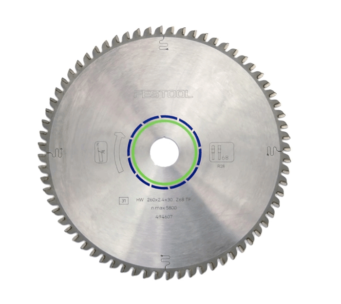 68 tooth carbide tipped blade, TC grind for non-ferrous metals, especially aluminum. Also acrylics and hard plastics. (#495385)