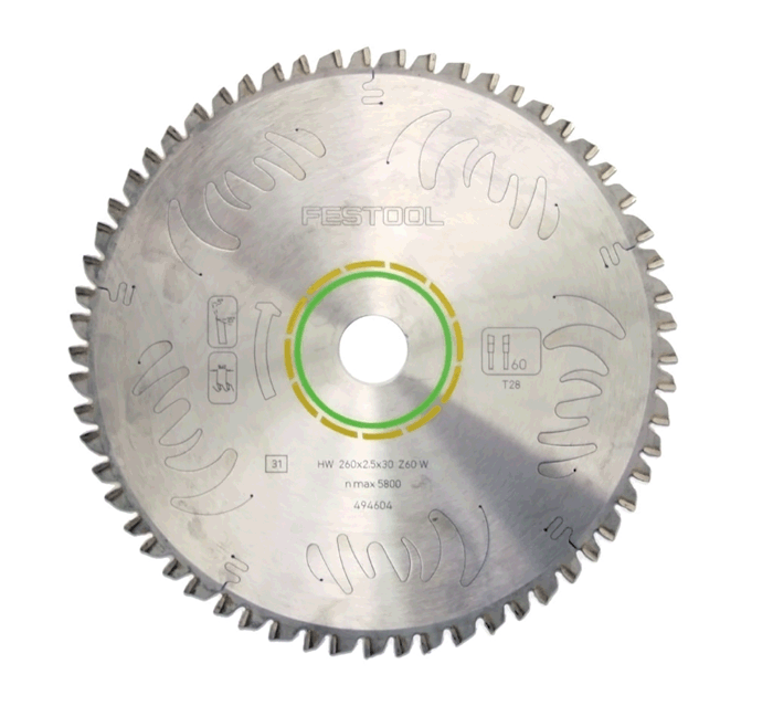 Universal 60 tooth carbide tipped blade, ATB grind for clean cuts in wood and soft plastics (#495388)