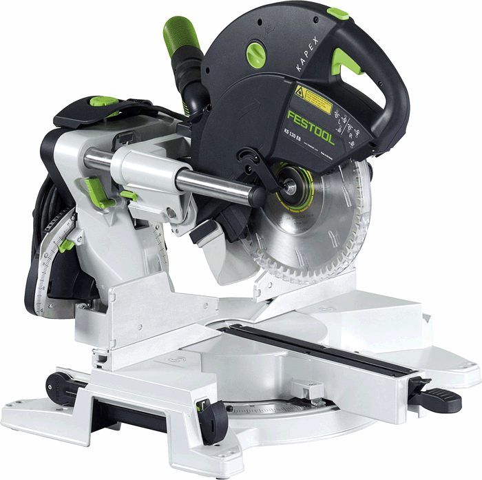 The saw, with a standard blade, angle transfer device, Hold-down clamp, and wrench. (#561287)