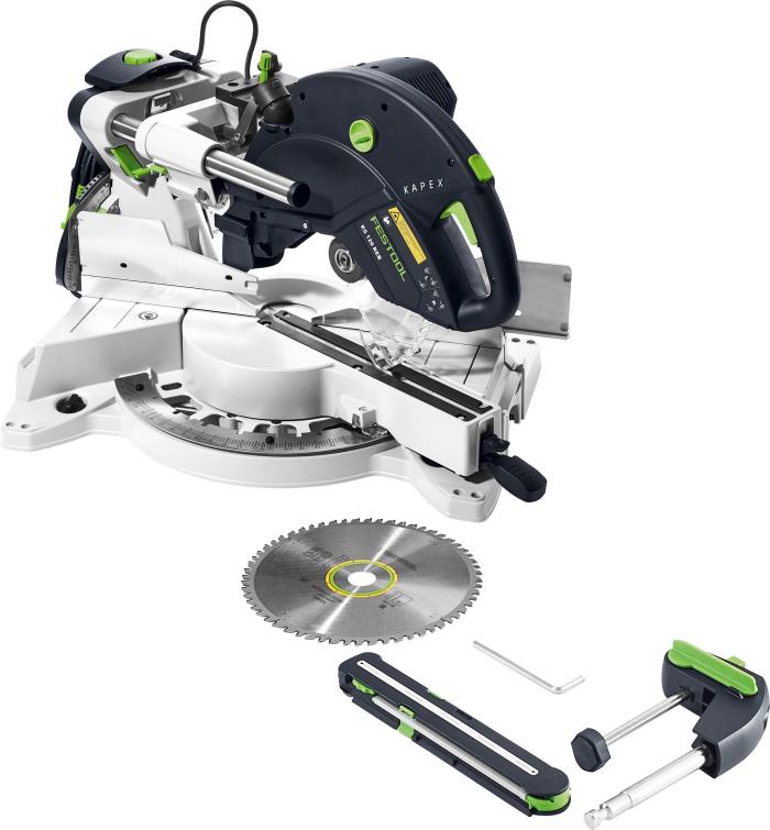  alt="Kapex miter saw with a standard blade, angle transfer device, hold-down clamp, and wrench. (#575306)"