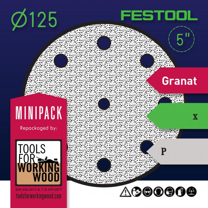 Festool Granat - Mini Packs of 5&quot; 125mm Diameter Sanding Disks