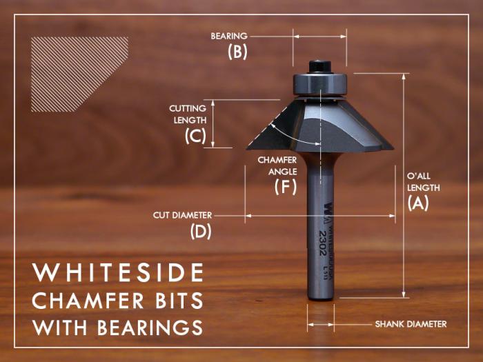 Chamfer Router Bits by Whiteside - For Edge Bevel Bits (Not 45&amp;deg;)see &quot;related items&quot; listed at the bottom of the page