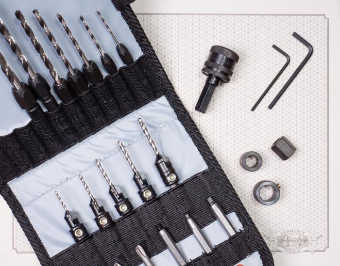  alt="25 Piece Premium Drilling System in Canvas Pouch
Includes: 7 - Drill Bit Adapters, 5 - Gold Screw Countersinks, 6 - 2&quot; Driver Bits, 1 - Quick Change Chuck(#48025)"